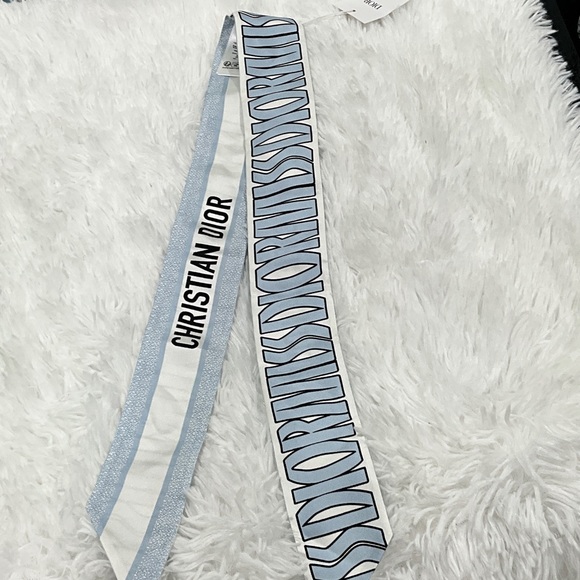 Dior Accessories - Dior Light Blue and White Logo Silk Twilly Scarf